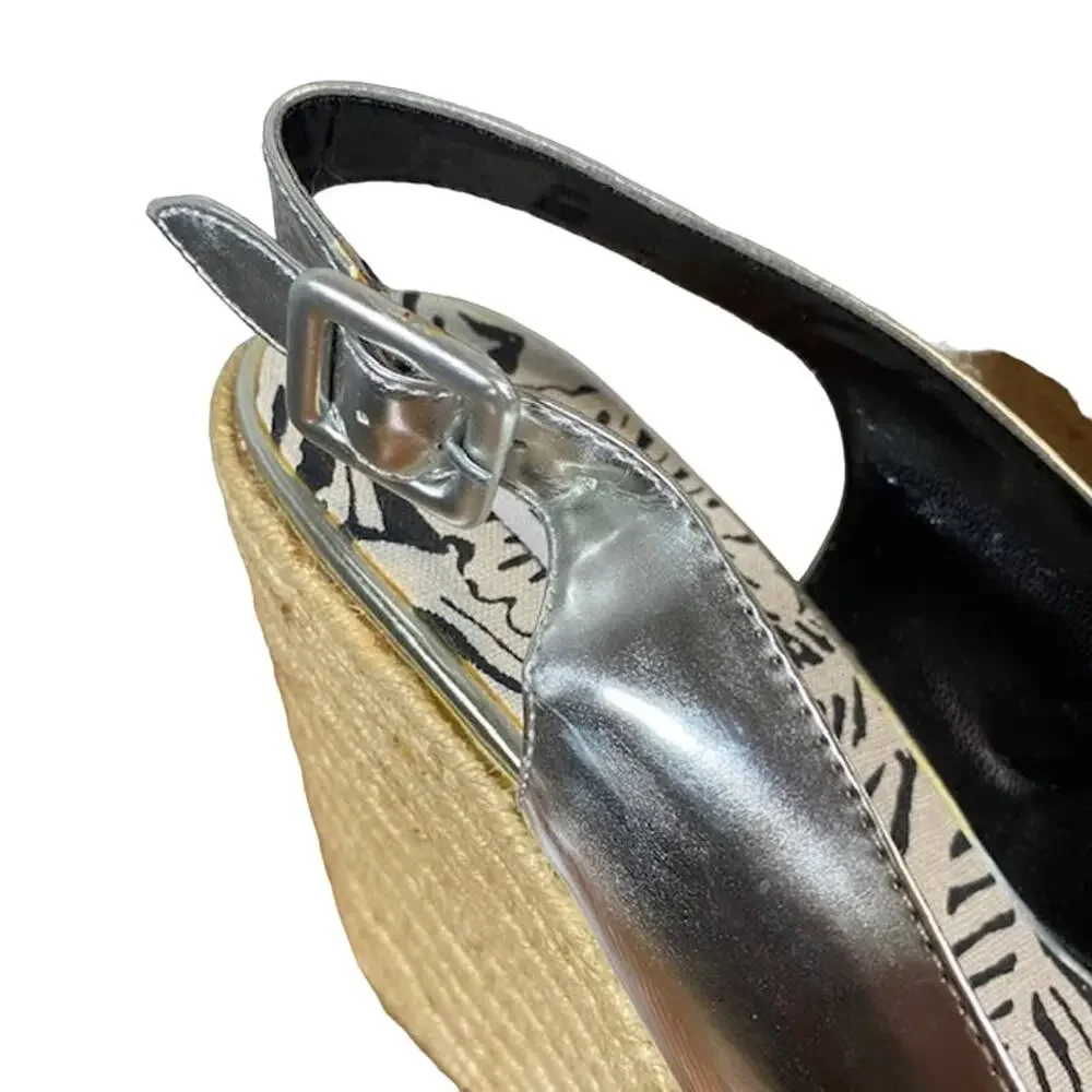 Steve Madden Women Metallic Silver Open Toe Ankle Espadrille Wedge Sandals Sz 10